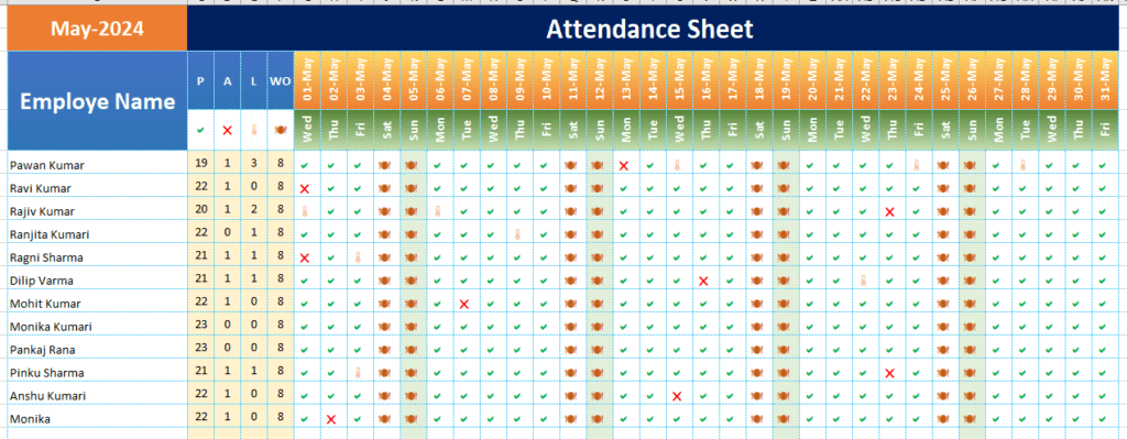 Stylish Attendance Tracker with Symbols